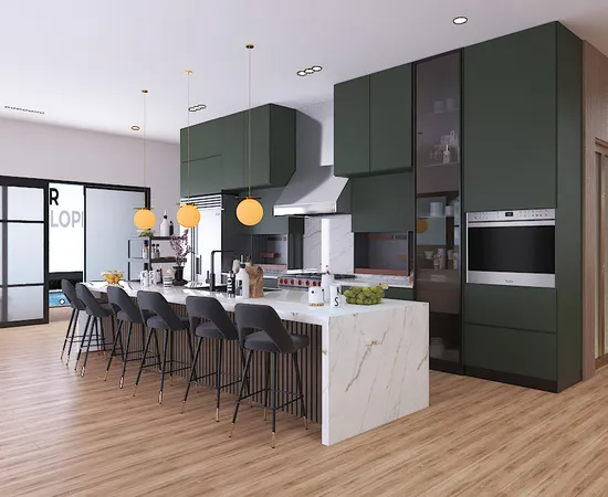 a kitchen with stainless steel appliances kitchen island granite countertop a table chairs and a refrigerator