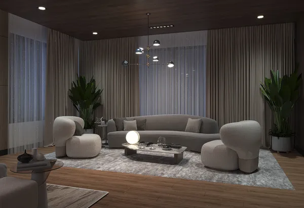 a bedroom with a bed lamp and a potted plant