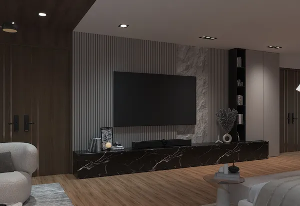 a living room with furniture and wooden floor