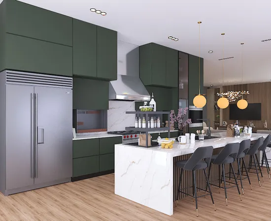 a kitchen with a cabinets and appliances