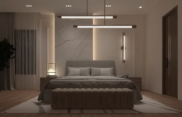 a bed room with a bed and a night stand