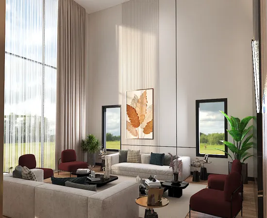 a living room with furniture and floor to ceiling windows
