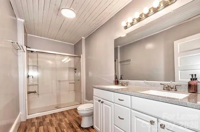 a bathroom with a granite countertop sink a toilet and shower