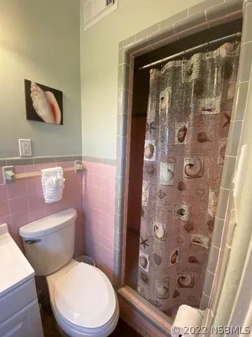 a white toilet sitting next to a shower curtain