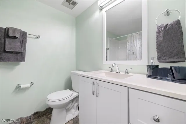 a bathroom with a toilet a sink a mirror and vanity