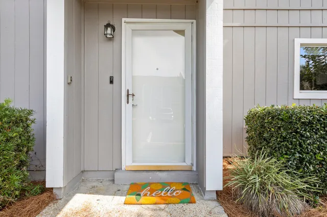 an entrance door with potted plants