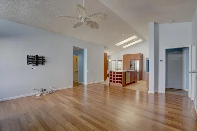 a view of a livingroom with wooden floor