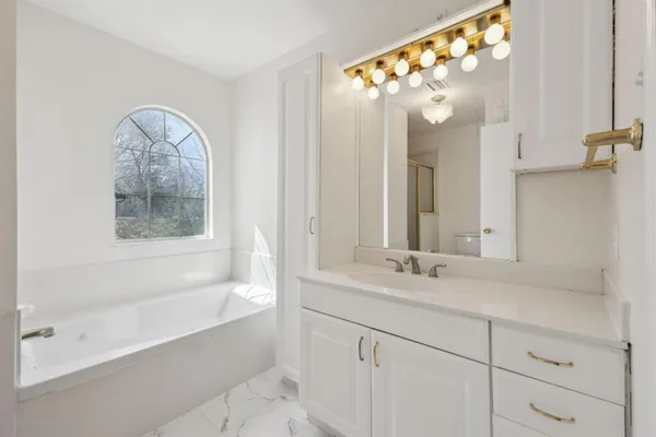 a bathroom with a bathtub a sink and a mirror