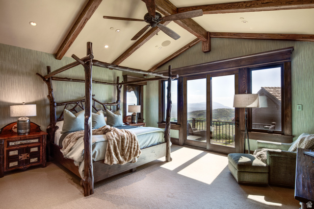 2322 North Westward Ho Road Heber City, UT 84036 - Photo 28 of 54 Bedroom featuring a mountain view, carpet flooring, access to outside, beam ceiling, and a ceiling fan