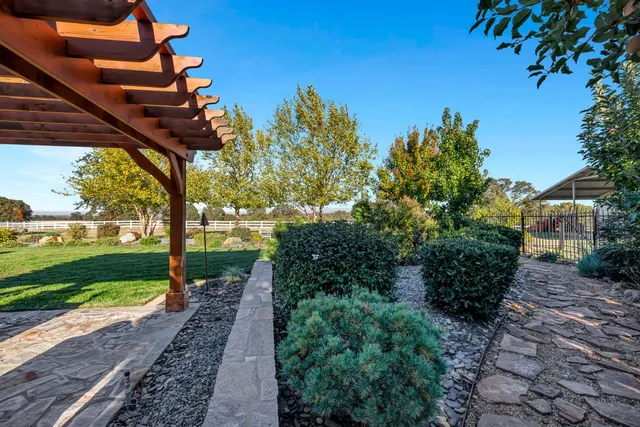 a view of a chair and tables in the garden