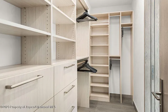 a view of walk in closet with empty racks