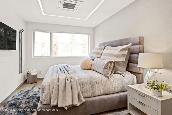 a bedroom with a bed and a couch