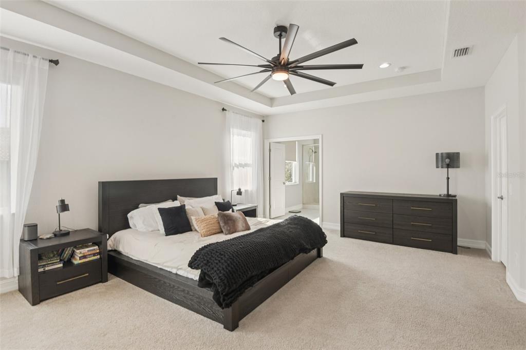 1440 Keystone Ridge Circle Tarpon Springs, FL 34688 - Photo 19 of 45 a bedroom with a bed and a chandelier