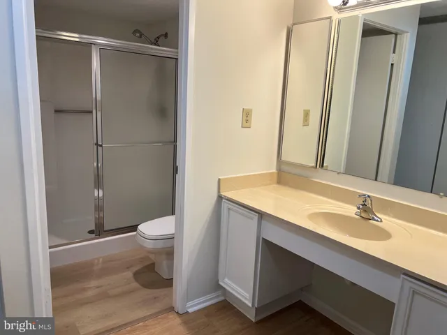 a bathroom with a sink a toilet a mirror and shower