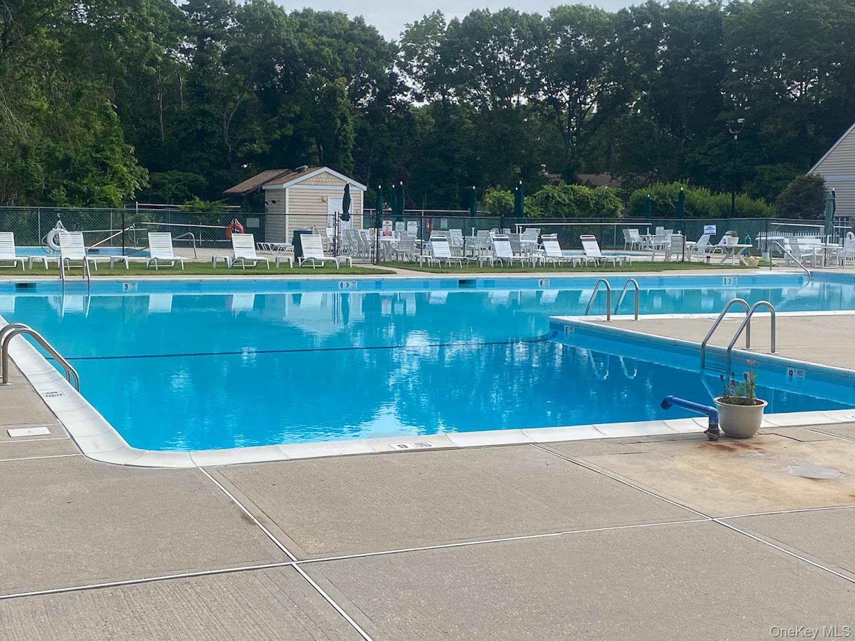 17 Stone Commons Yaphank, NY 11980 - Photo 2 of 31 Expansive outdoor pool area featuring a large main pool and a smaller section, surrounded by concrete decking
