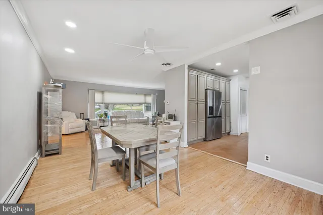 a view of a dining room with furniture