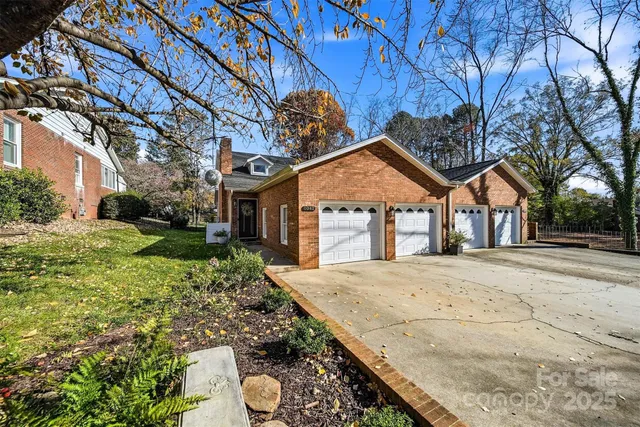 a view of a backyard with table and chairs and a barbeque with potted plants and large trees