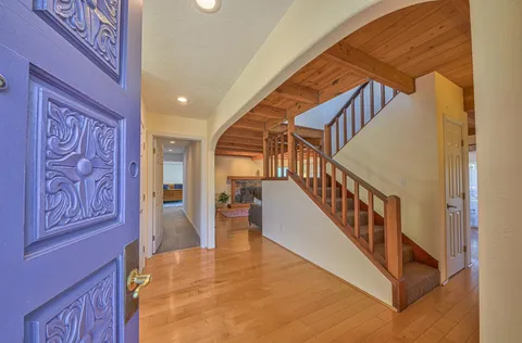 a living room with furniture potted plant and a large window
