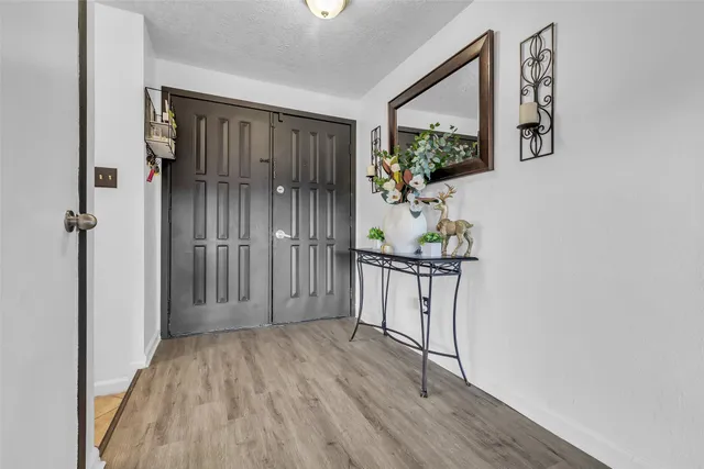a view of a hallway and wooden floor with entryway