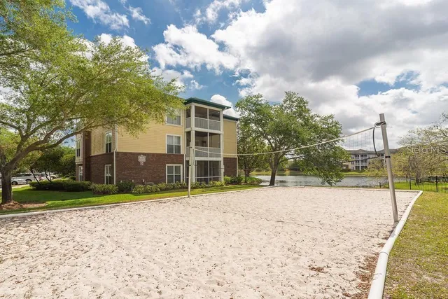 a view of a park with large trees