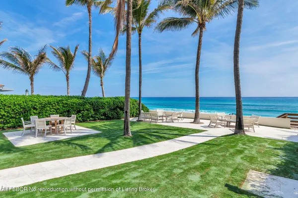 a view of a backyard with couches and palm trees