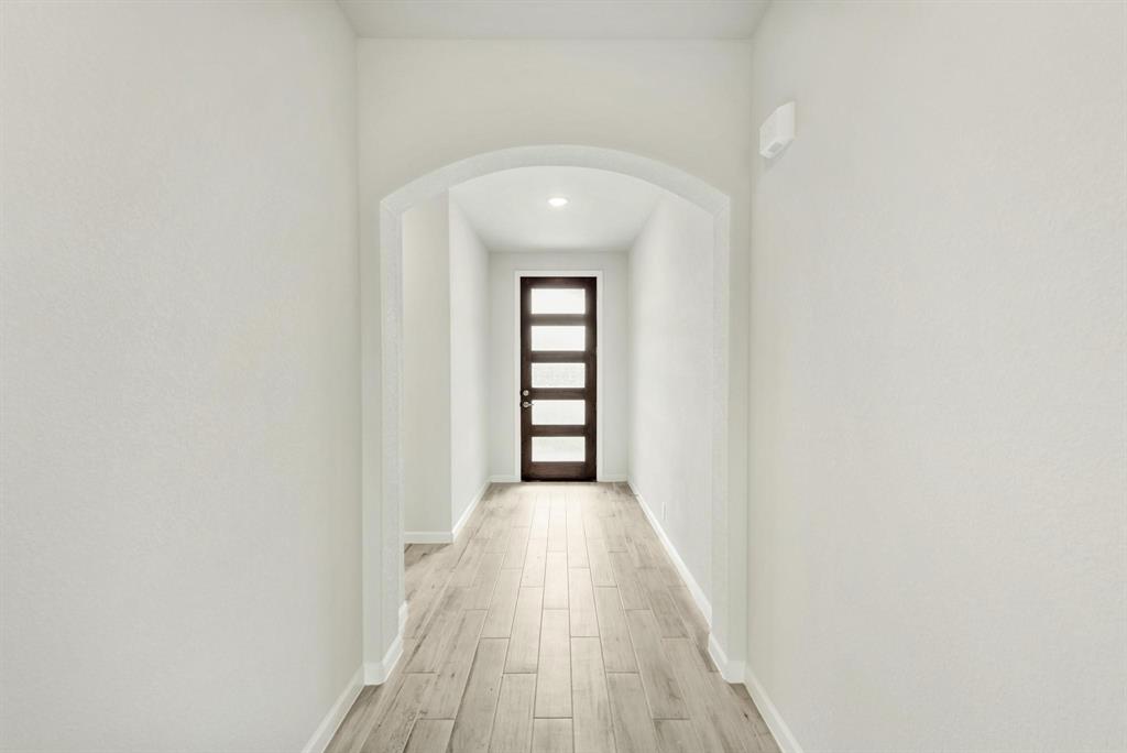 920 Elk Ridge Run Godley, TX 76044 - Photo 5 of 34 Hallway featuring wood-finish flooring, an arched doorway, recessed lighting, and a contemporary entry door with frosted glass panels
