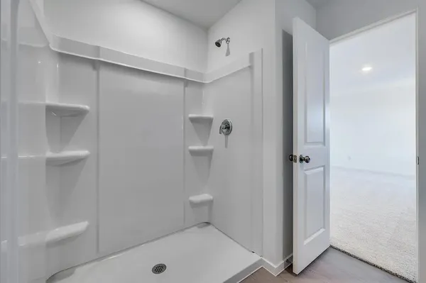 a bathroom with a shower and toilet