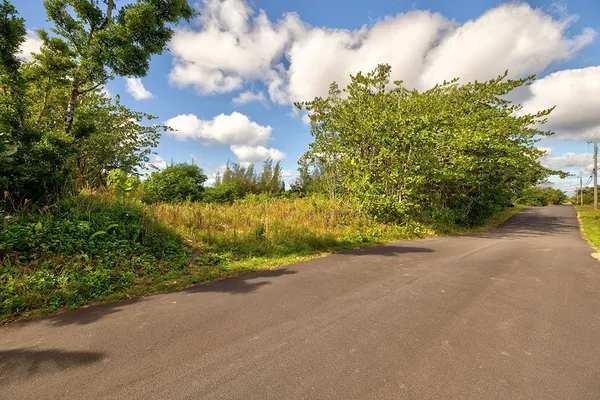a view of a road with a building in the background
