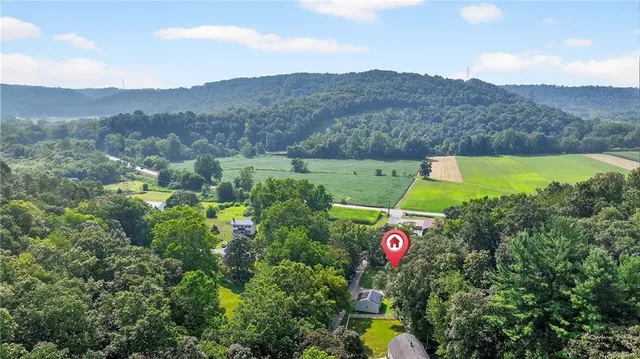 a front view of house with yard and trees in the background
