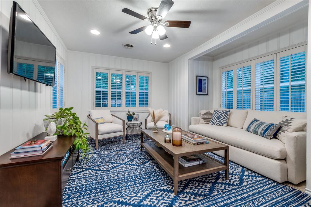 4159 Clover Lane Dallas, TX 75220 - Photo 9 of 25 Living area featuring ornamental molding, a ceiling fan, healthy amount of natural light, and recessed lighting