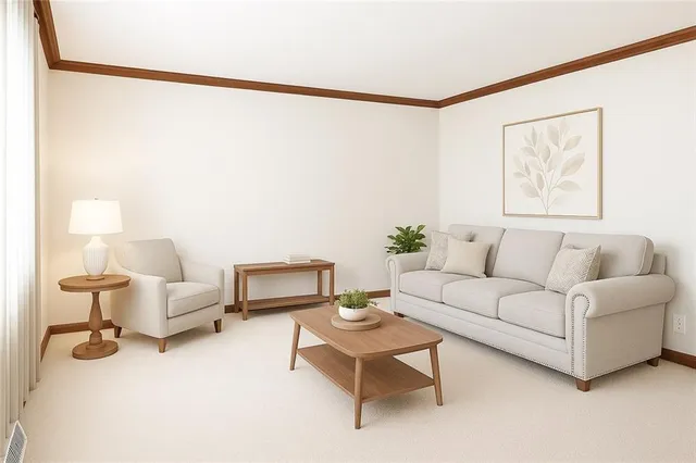 a living room with furniture and a table