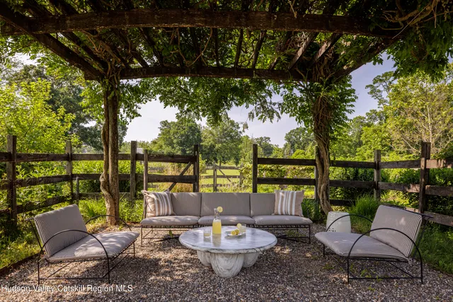 a view of a patio with couches chairs and a potted plant