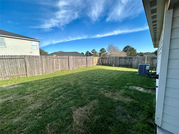 a view of a backyard with a large tree