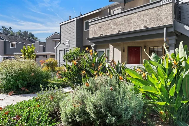 a view of a house with potted plants