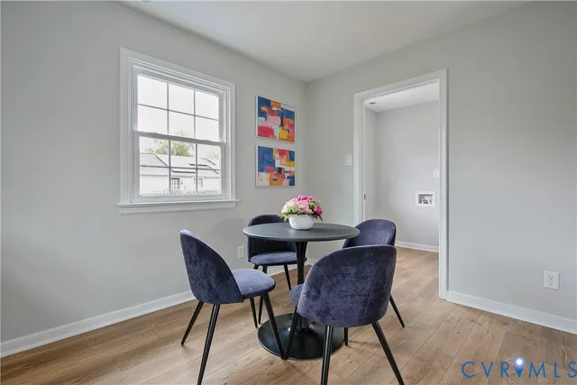 a view of a dining room with furniture wooden floor and a window