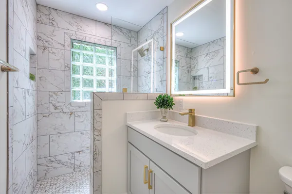 a bathroom with shower