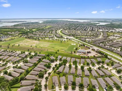 an aerial view of a swimming pool