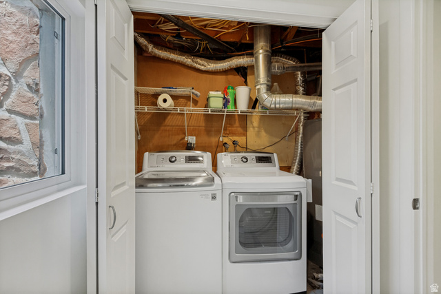 9706 Raintree Drive Sandy, UT 84092 - Photo 33 of 42 Laundry closet with bi-fold doors, stacked washer and dryer, and wire shelving