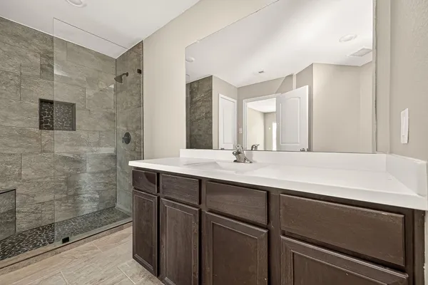 a bathroom with a double vanity sink mirror and shower