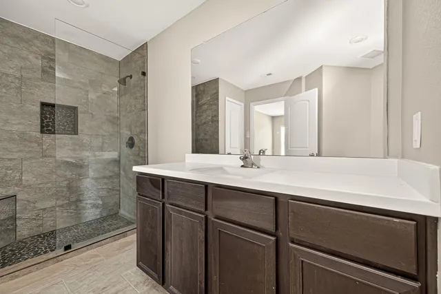 a bathroom with a double vanity sink mirror and shower