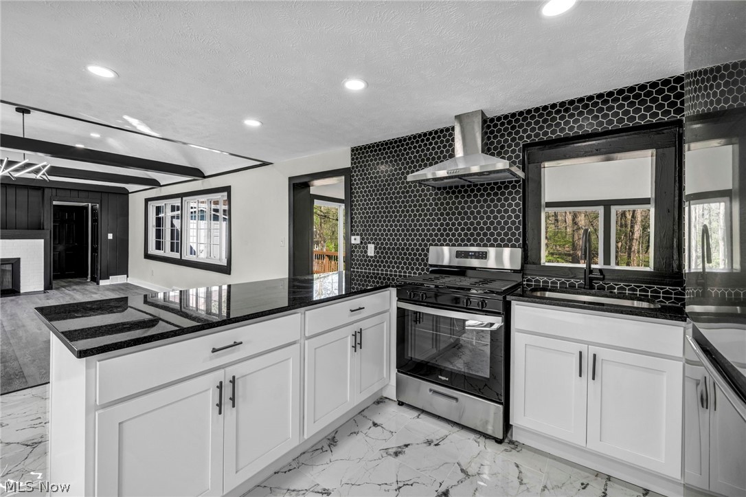 7339 River Road Olmsted Falls, OH 44138 - Photo 13 of 45 Contemporary kitchen featuring white cabinetry, black countertops, stainless steel appliances, and a black hexagonal tile backsplash