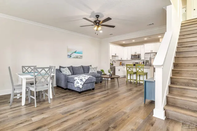 a view of a dining room with furniture