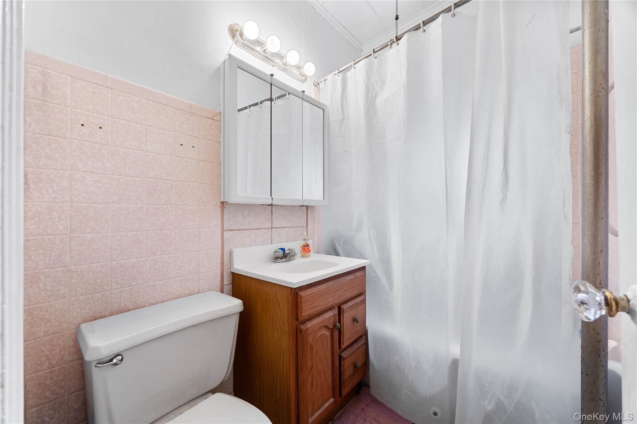 37-07 20th Road Queens, NY 11105 - Photo 12 of 24 a bathroom with a sink a toilet and shower curtain