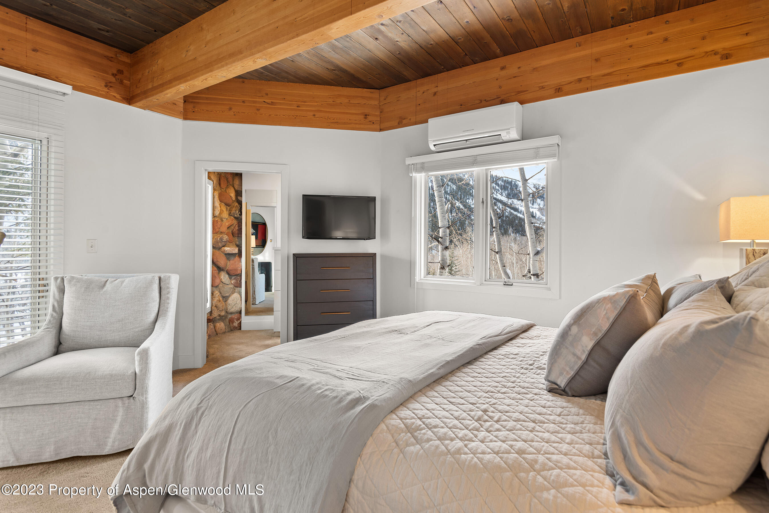 164 Eastwood Road Aspen, CO 81611 - Photo 27 of 42 a bedroom with a large bed a couch and a flat tv screen