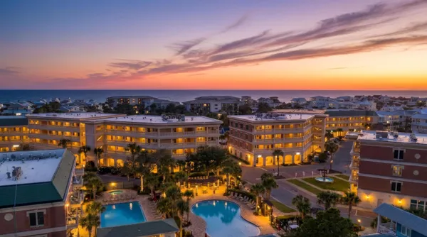 a building view with swimming pool in front of it