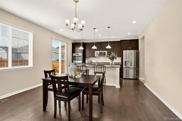 a view of a dining room with furniture and window