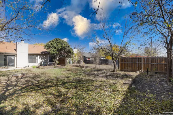 a view of a yard with a tree in it