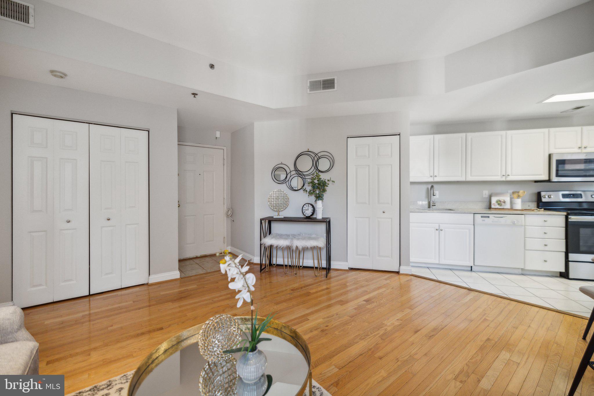 1621 T Street Northwest, Unit 307 Washington, DC 20009 - Photo 6 of 15 a living room with stainless steel appliances furniture a rug and a kitchen view