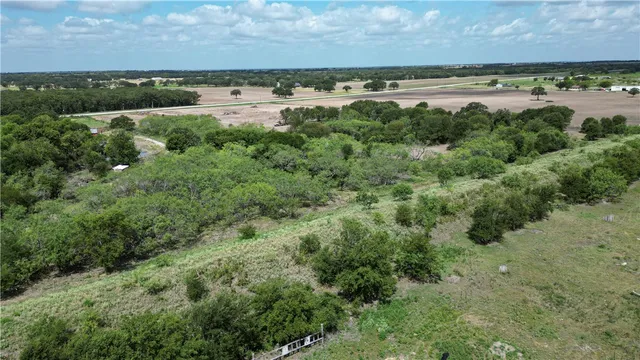 an aerial view of residential houses with outdoor space and trees