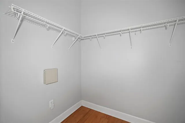 a view of a room with racks on the wall